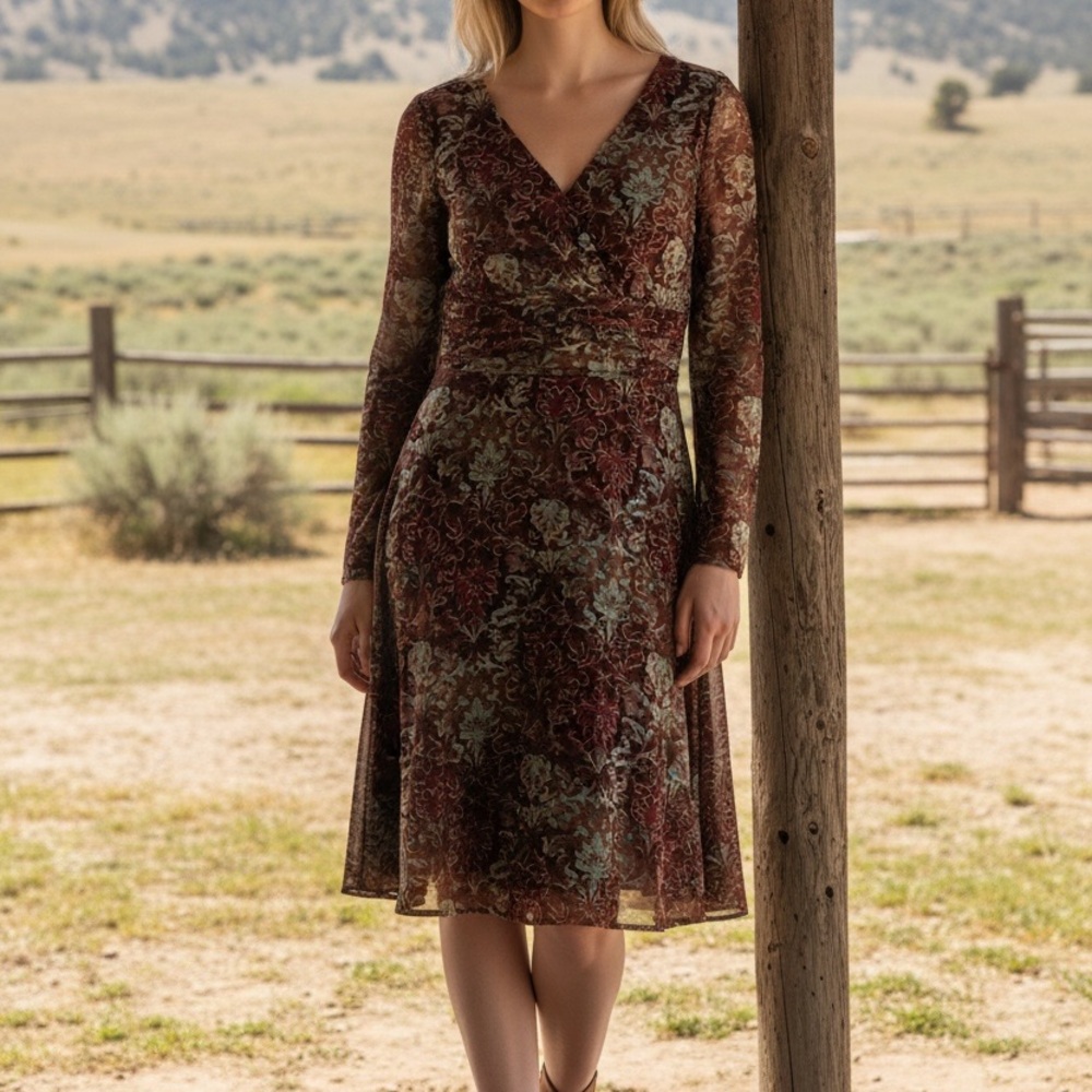 Coldwater Creek Brown Teal Floral Long Sleeve Flowy Midi Dress Ruche Waist Sz 8